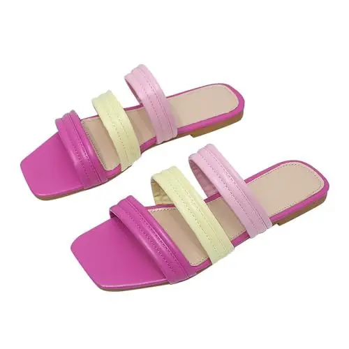 Produktbild: Mumuj Badelatschen Pantoletten Damen Mit Fussbett Lässige, lässige Farbblock-Hausschuhe für Damen mit flachem Boden Zehensandalen Damen Sommer Gummisandalen Damen (Hot Pink, 43)