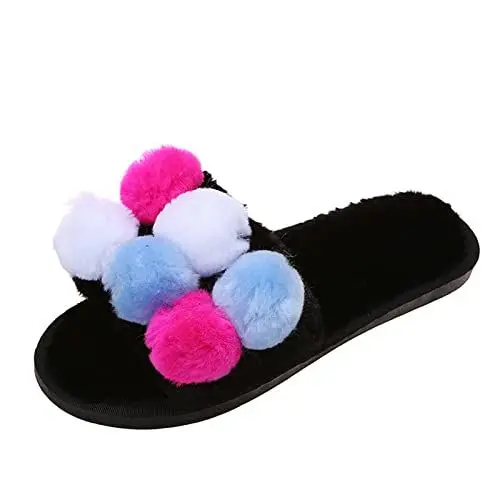 Produktbild: Mumuj Damen-Hausschuhe Flip Flops Bunte Fluff Open Toe Bequeme Flache Baumwollhausschuhe Latschen Damen Sommer Zehentrenner (Light Blue, 43)