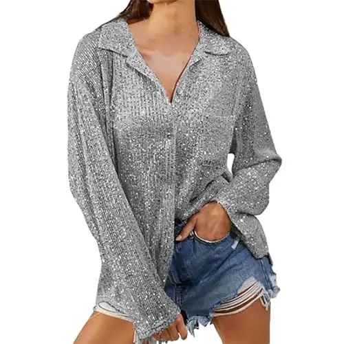 Produktbild: Mumuj Damen Modern Jeanshemd Damen 3/4 Arm Longbluse Damen-Langarmshirt mit modischem Pailletten- und einfarbigem Freizeithemd Women Locker Strandshirt Women's Fashion (Grey, XXXL)