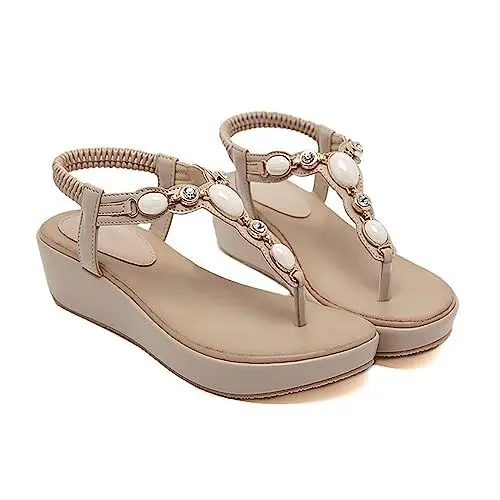 Produktbild: Mumuj Filzpantoffeln Damen Mules Frauen Perle Flip-Flops Strass Bogen Unterstützung Schnalle Keil Tanga Sandalen Strand Offene Spitze Rutschen Sandalen Zehentrenner Schwarz Damen (Beige, 41)
