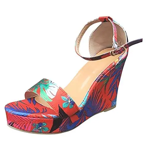 Produktbild: Mumuj Pumps Damen High Heels Sexy Sandalen atmungsaktiv Open Beach Sommerschuhe Frauen Zehen Schnalle Gürtel Keile weben Frauen-Keile Sommer Stiefeletten Sommer Sneaker (Red, 42)