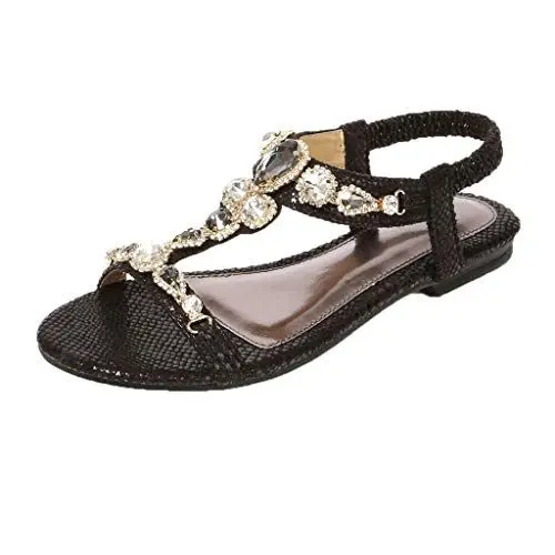 Produktbild: Mumuj Schuhe Damen Schwarz Tanzkleid Damen Frauen ethnische Sandalen rötliche Schuhe Strass Perlen Schlangen-Flache Sandalen-Schuhe Sandalen High Heels Sandalen Damen Sommer (Black, 38)