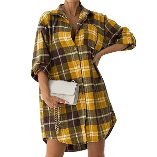 Produktbild: Mumuj Women Schwarz Sexy Carmenbluse Damen Glitzer Damen Flanell Plaid leichte dünne Oberteile Hemden Raglan Langarm Button-Down Brusttaschen Hemden Bluse Womens Blusentop Strickjacke (Yellow, S)