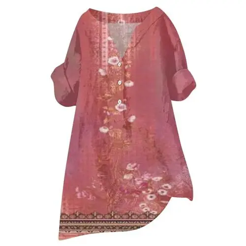 Produktbild: Mumuj Women's Batik Leoparden Carmenbluse Women's Sexy Lockeres Hemd mit Knopfleiste, Oberteil, Stehkragen, einfarbig, mittellanger Ärmelkragen, lässiges Women Sexy Mit Gummizug Leinenbluse (Red, S)