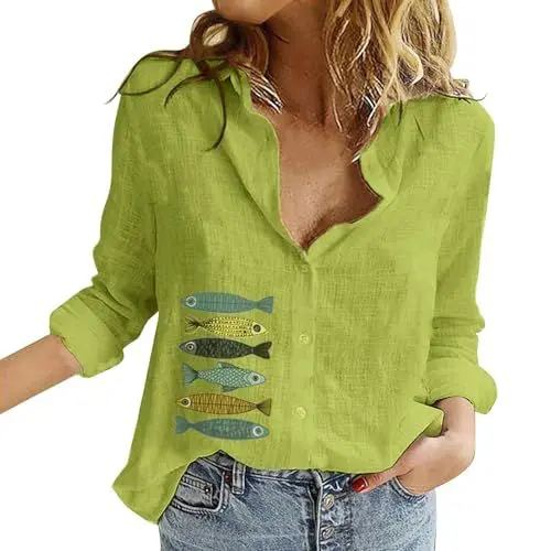 Produktbild: Mumuj Women's Grün Poloshirts Damen Kariertes Modische Damen-T-Shirt-Bluse mit Lockerem, festem und Langen Ärmeln Women's Ethno V Ausschnitt Leinenbluse Women's (Green, XXXL)