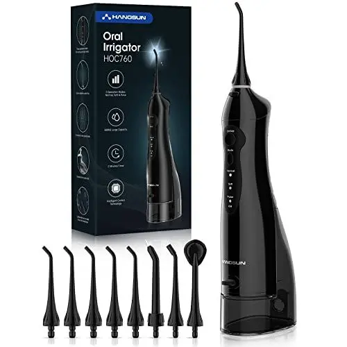 Produktbild: Munddusche Kabellos Elektrische Zahnreiniger Hangsun Zahnreinigung mit 8 Aufsteckdüsen und 3 Modi, 300ml Wassertank Schwarz Oral Irrigator für Kieferorthopädischer, Zahnpflege, Zuhause & Reise
