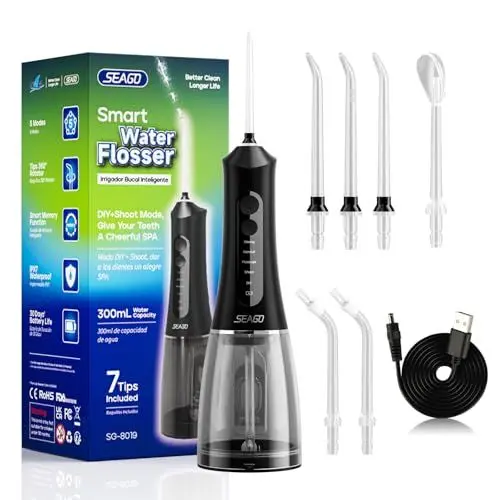 Produktbild: Munddusche Kabellos, SEAGO Tragbar Water Flosser Elektrische Zahnreiniger 5Modi & 7Düsen, 300ML Wassertank Zahnzwischenraumreiniger Munddusche Testsieger IPX7 Wasserdicht Zahndusche für Reise & Hause