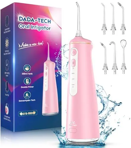 Produktbild: Munddusche Kabellos, Water Flosser for Teeth Mit 4 Modi & 8 Stufen 7 Düsen 300ML Tank Munddusche für Zahnzwischenraumreiniger Zahndusche Mundspülung Elektrisch Oral Irrigator Zähne 2025 (Rosa)