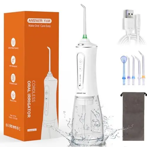 Produktbild: ANSWER Y&M Munddusche Kabellos Trragba: 300ML WassertankTestsieger 2025 IPX7 Wasserdicht für Oral Health Enthusiasten Tägliche Tiefenreinigung Reinigung auf Reisen 5 Multifunktionale Jet-Tipps