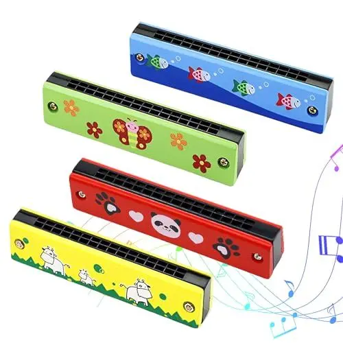 Produktbild: Mundharmonika Kinder, 4 Stück Harmonica 16 Löcher Mundharmonika aus Holz Musikinstrumente für Anfänger Kinder Studenten Erwachsene