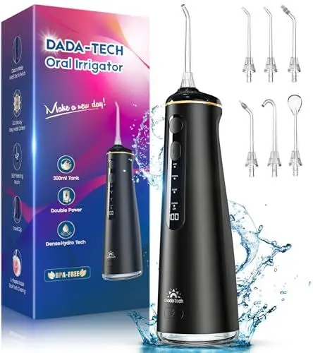 Produktbild: Mundspülung Elektrisch Munddusche Kabellos Water Flosser for Teeth Mit 4 Modi & 8 Stufen 7 Düsen 300ML Tank Munddusche für Zahnzwischenraumreiniger Zahndusche Oral Irrigator Zähne 2025 (Schwarz)