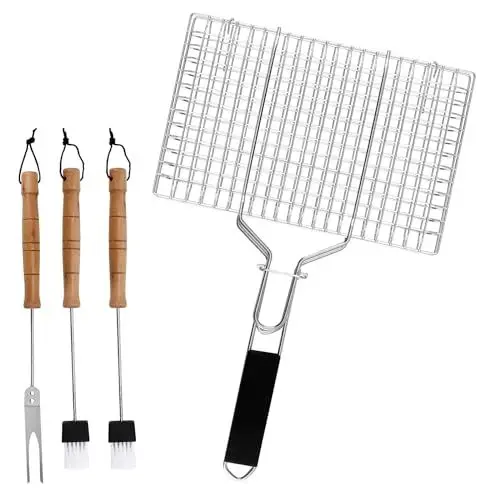 Produktbild: MUNGHOK Fisch Grillkorb Edelstahl, Edelstahl Fischgrillgitter mit Küchenpinsel und Grillgabel, BBQ Grillkorb Fischbräter, Fischzange zum Grillen Steak, Fisch, Gemüse
