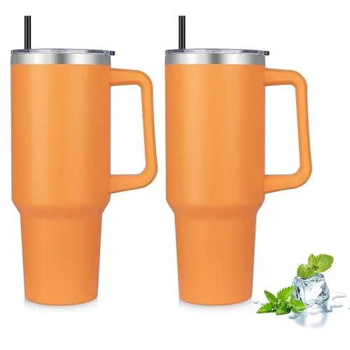 Produktbild: MURBONE 1200ml Doppelwandiger Edelstahl Vakuum Isolierbecher Becher mit Griff,Kaffeebecher - Edelstahl Auslaufsicher Tragbare Reisebecher Autobecher Thermobecher mit Strohhalm und Deckel(2er Set)