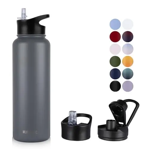 Produktbild: MURBONE Edelstahl Trinkflasche 1.2L (+2 Deckel)-mit Strohhalm,BPA frei,Thermosflasche Auslaufsicher,Kohlensäure Geeignet,Thermoskanne Vakuum Doppelwandisolierung für Sport, Reisen, Camping