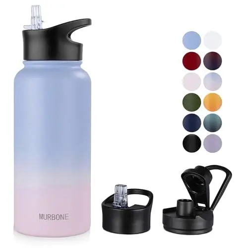 Produktbild: MURBONE Edelstahl Trinkflasche 1L, (+2 Deckel)-mit Strohhalm,BPA frei,Thermosflasche Auslaufsicher,Kohlensäure Geeignet,Thermoskanne Vakuum Doppelwandisolierung für Sport, Reisen, Camping