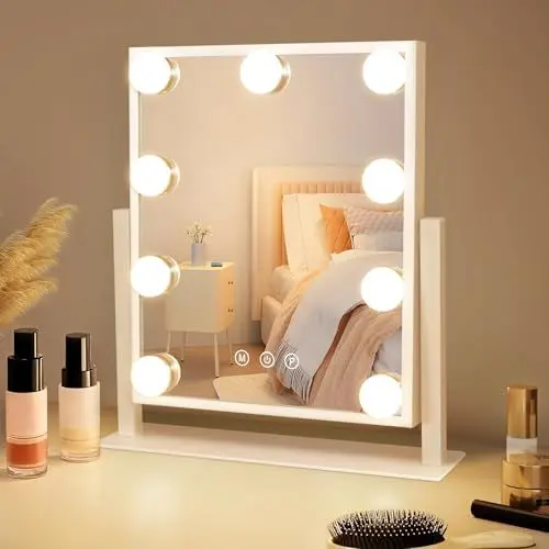 Produktbild: Mursche Schminkspiegel mit Beleuchtung Hollywood Spiegel - Vanity Mirror mit 9 LED Klein Kosmetikspiegel mit Licht 360° Drehung Tischspiegel 3 Modi Schminktischspiegel Touch Dimmbar