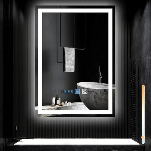 Produktbild: Mursche Spiegel Bad Badspiegel mit Beleuchtung - LED Badezimmerspiegel 50x70 cm Wandspiegel Badezimmer IP44 mit Touch-Schalter und Uhr Entfogger-Funktion Licht Dimmbar 3000K-6500K