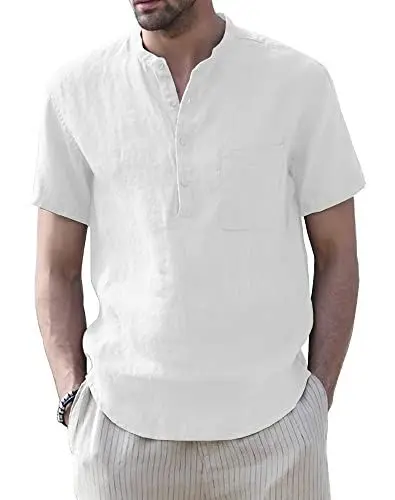 Produktbild: Muscle Cmdr Herren Baumwolle Henley Shirt Hemd Kurzarm Sommer Freizeithemd Regular Fit Strand-T-Shirt Weiss M