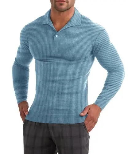 Produktbild: Muscle Cmdr Herren Muskel Poloshirts Slim Fit,Stretch Kurzarm Sport Tennis Golf Basic T-Shirt,Langarmshirt Herren（Blau L）