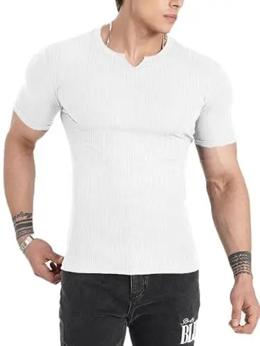 Produktbild: Muscle Cmdr Herren Slim Fit Langarmshirt Shirts V-Ausschnitt,Langarm&Kurzarm Sports Casual T-Shirt Muskel Workout Top Unterhemden (Weiß-Kurzarm/XS)