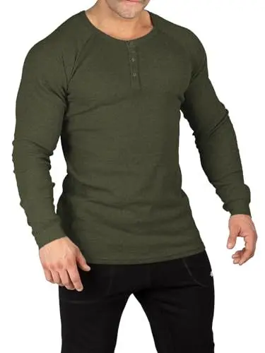 Produktbild: Muscle Cmdr Herren Waffel-Henley-Hemden,Casua Langarm T-Shirt Casual 3-Knopfleiste, Langarmshirt Regualar Fit Stilvolles Unterwäsche Grün L