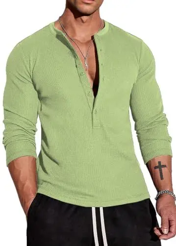 Produktbild: Muscle Cmdr Herren Waffel-Henley-Hemden,Casua Langarm T-Shirt Casual 5-Knopfleiste, Langarmshirt Regualar Fit Stilvolles T-Shirt,Thermounterwäsche Grün, XL