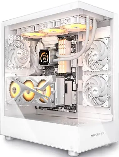 Produktbild: MUSETEX PC Gehäuse ATX 3 Non-LED Lüfter vorinstalliert, Typ-C Mid-Tower Computergehäuse mit Vollsicht-Doppelglas, Gaming PC Gehäuse,Weiß(K2)
