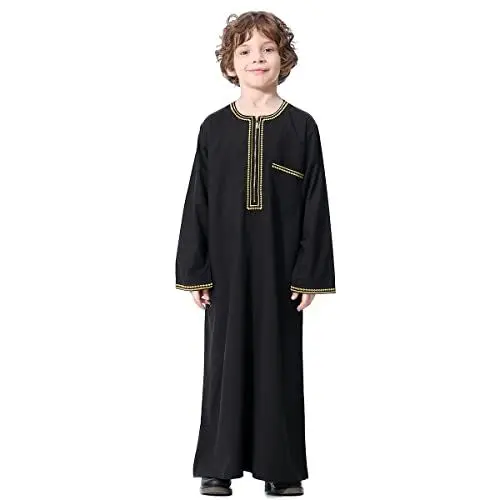 Produktbild: FYMNSI Muslimische Jungen Robe Kinder Abaya Kaftan Islamische Gebetskleidung Arabischer Mittlerer Osten Dubai Langarm Jubba Thobe Reißverschluss Roben Muslim Gebet Ramadan Schwarz 7-8 Jahre