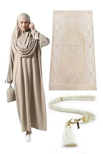 Produktbild: Muslimische Kleider für Frauen, einteiliges, langärmliges islamisches Gebetskleid mit Gebetsteppich und Perlen, islamisches Set, Mink, XS/XXL