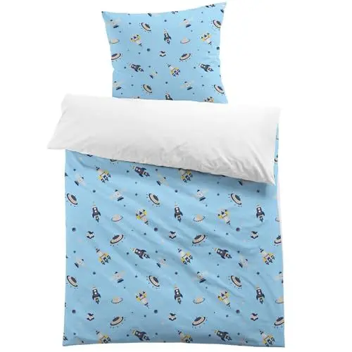 Produktbild: MUSOLEI Kinderbettwäsche 135x200 Jungen Astronaut Weltraum Bettwäsche Kinder Blau Rakete 3D-Druck Mikrofaser Bettbezug und 1 Kissenbezug 80X80cm Bettwäsche-Set für Einzelbett