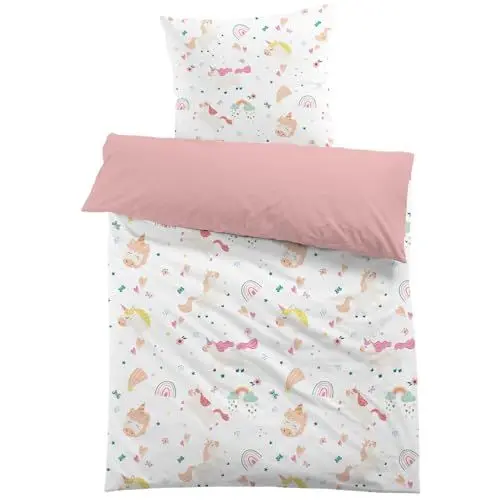 Produktbild: MUSOLEI Kinderbettwäsche Einhorn 135x200 Mädchen Bettwäsche Mikrofaser 3D Druck Cartoon Bettbezug und 1 Kissenbezug 80X80cm für Kinder Geschenk, Rosa