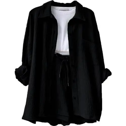 Produktbild: Musselin Bluse Damen Hemd Und Shorts Zweiteiler Einfrabige Sommer Lounge Set Strand Outfit Suit Elegant Aesthetic 2 Teiler Clothes Kleidung Kurz Hosenanzug Casual Two Piece Sommerbluse Musselin Set