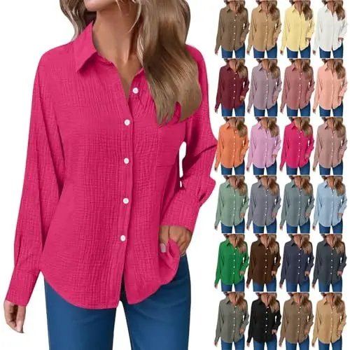 Produktbild: Musselin Bluse Damen Langarm Shirts Oversized Leinenbluse Elegant Einfarbig Leinenhemd Weiche Baumwolle Button-Down Herbst Hemd mit Taschen (M)