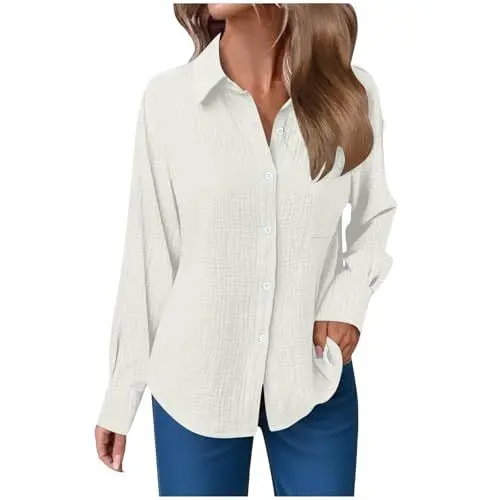 Produktbild: Musselin Bluse Damen Langarm Shirts Oversized Leinenbluse Elegant Einfarbig Leinenhemd Weiche Baumwolle Button-Down Herbst Hemd mit Taschen (025-White, L)