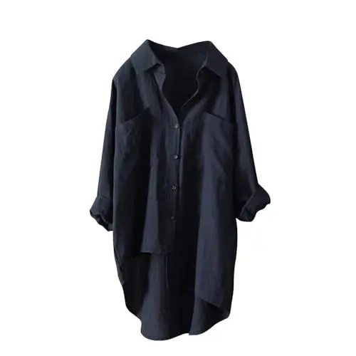 Produktbild: Musselin Bluse Damen Seidensticker Damen Bluse Frühling Winter Longbluse Hemd Langarmhemd Baumwolle Leinen Hemdbluse Einfarbig Strickjacke Damen Schwarz Tuniken Oberteile mit Tasche(Marine,XXL)