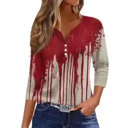 Produktbild: Musselin Bluse, Damen Shirt 3/4 Arm Kostüm Halloween Boho Kleidung Konzert Outfit Uboot Ausschnitt T-Shirt Baumwolle Band Costume Rot L