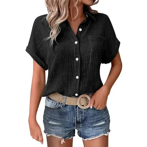 Produktbild: Musselin Bluse, Kurzarmblusen Damen Sommer, Tunika Damenblusen Kurzarm Leinenhemd Musselin Shirt Musselinbluse Elegante Oberteile Leinen Hemd Top Longbluse Must Haves