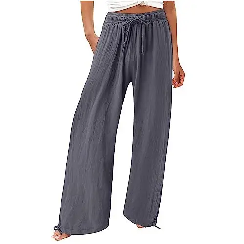 Produktbild: Musselin Damen Hose Elegant Leicht Casual Jogginghose Lange Locker Sommerhose Weites Bein Hosen Einfarbig Leinenhose Bequeme Stoffhose Hohe Taille Strandhose mit Taschen Freizeithose