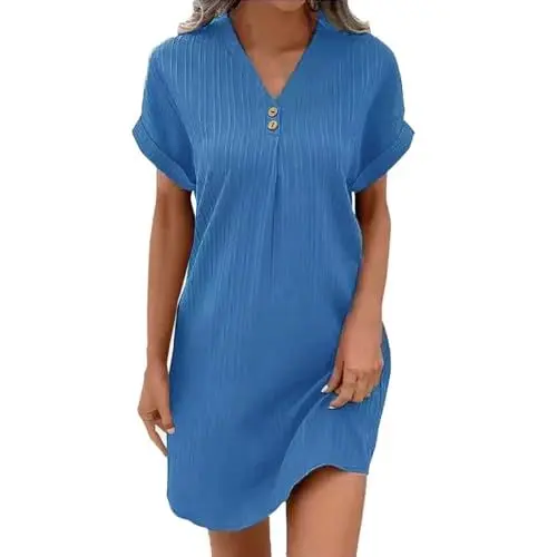 Produktbild: Musselin Kleid Damen Sommer,V-Ausschnitt Luftige Tunika Kleid Einfarbige mit Knöpfen Lässiges Kurzarm Sommerkleid Leicht Musselin Bluse Kleid Boho Strandkleider A-Linie Kleid Freizeitkleid