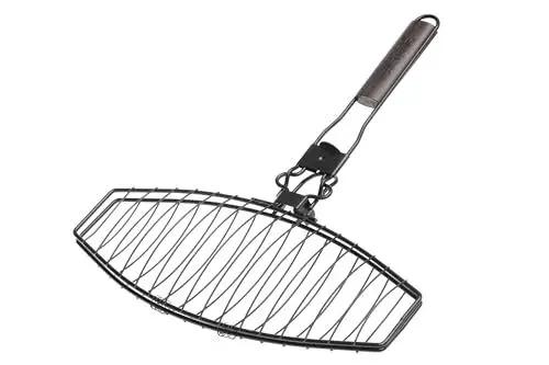 Produktbild: Fischgriller, Fischbräter mit hochwertiger Antihaftbeschichtung, leicht zu Reinigen, abnehmbarer Holz-Griff 41x24cm, Grillkorb, Grillrost mit Griff, Finnland