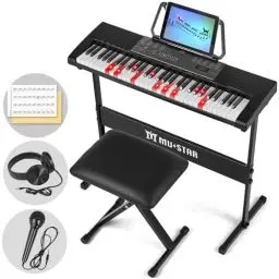 Produktbild: MUSTAR 61 Key Keyboard Piano für Anfänger, Digital Piano Keyboard mit Leuchttasten Lautsprechern, E Klavier Ständer, Hocker, Kopfhörern, Mikrofon, Notenablage, 300 Sounds & Simply Musiklektionen