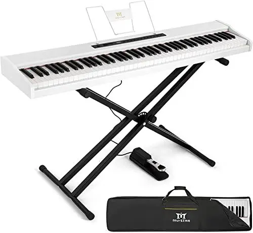 Produktbild: MUSTAR E Piano Digital 88 Tasten, Keyboard mit halbgewichteten & Bluetooth, Portable Set mit Sustain Pedal, Keyboardständer und Tragetasche, Weiß