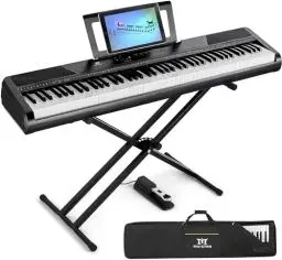 Produktbild: MUSTAR E Piano Digital Piano 88 Tasten mit Stand Touch Empfindlichkeit, Electric Piano Tragbares 88 Key Semi Gewichtete Tastatur Klavier für Anfänger, 2x25W Stereo Lautsprecher, Tragetasche, Schwarz