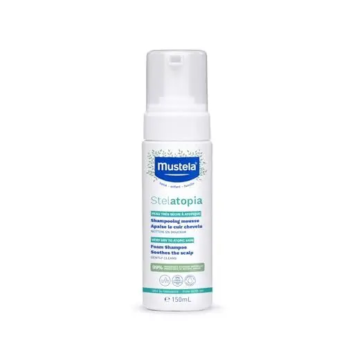 Produktbild: Mustela Stelatopia Shampoo Mousse für Kopfhaut mit extremer Trockenheit oder atopischer Dermatitis, Haare, Babys, Kinder, ganze Familie - reduziert Rötungen und Juckreiz (150ml)