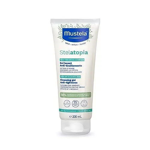 Produktbild: Mustela Stelatopia Reinigungsgel für extrem trockene Haut oder Neurodermitis, Körper und Haare, Säuglinge, Kinder, ganze Familie - lindert juckende Haut, parfümfrei (200ml)