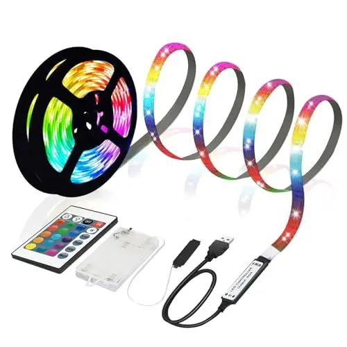 Produktbild: MUSUNIA LED Streifen Batterie - 2M RGB 5050 LED Strip Batteriebetrieben oder USB Batteriebetrieben,Ferndimmbar 16-Farben,Schneidbar für TV Hintergrundbeleuchtung Deko,Schränke,TreppenDeko