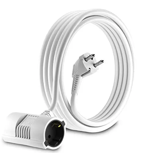 Produktbild: MutecPower 5 Meter Verlängerungskabel Mit 2-Fach Schuko doppel Steckdosen - abgewinkelt EU -Verlängerung IP20 Schutzkontakt-stecker und kupplungen - bis 250V 50Hz 16A - 5m weiß, Männlich-weiblich