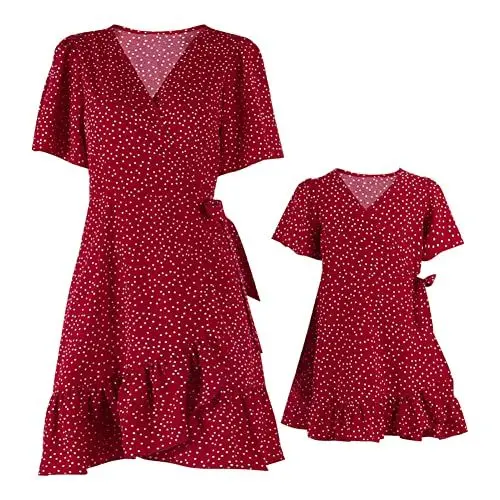 Produktbild: Mutter Tochter Kleid Sommerkleid Damen Kinder Mädchen Partnerlook Outfit Kurzarm Elegant Polka Dot Wickelkleid Strandkleider Sommer Cocktailkleid Partykleid Knielange Freizeitkleid Rot L