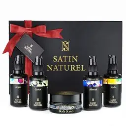 Produktbild: Weihnachtsgeschenke für Frauen - Verwöhnendes Geschenkset Frauen mit BIO Arganöl + Rizinusöl + Mandelöl + Jojobaöl + Body Scrub aus Totes Meer Salz – Geschenke für Frauen - Satin Naturel