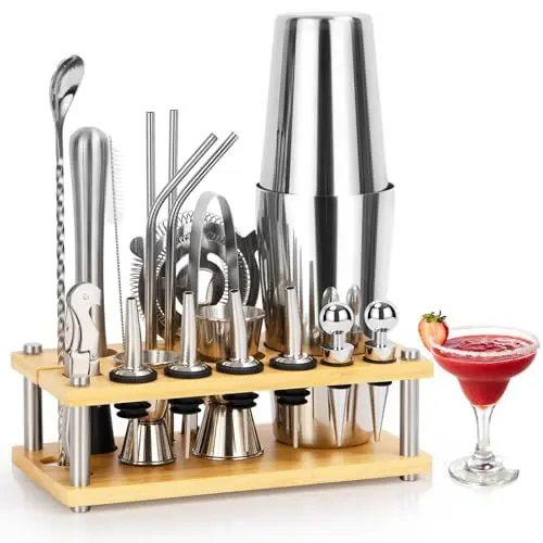 Produktbild: MUUKAIII 750ML Boston Shaker Set, 20 Teiliges Edelstahl Cocktail Zubehör, Profi Barkeeper Set mit Ständer and 4 Rutschfeste Silikonpflaster Geschenk für Männer Frauen Freunde